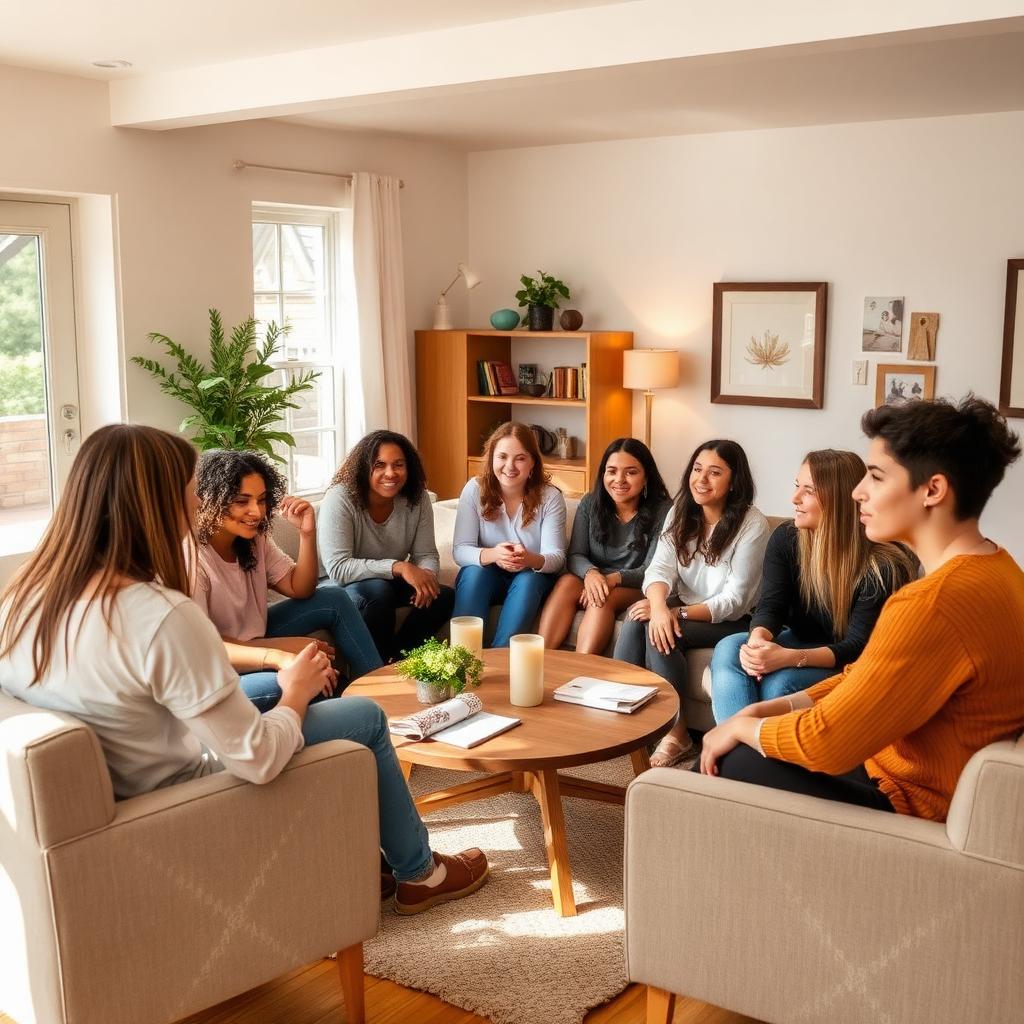 Young adults in a modern recovery residence participating in a house meeting