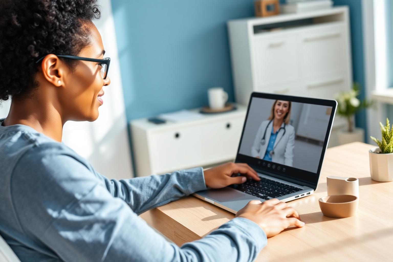 Person attending a secure virtual therapy session from a home office
